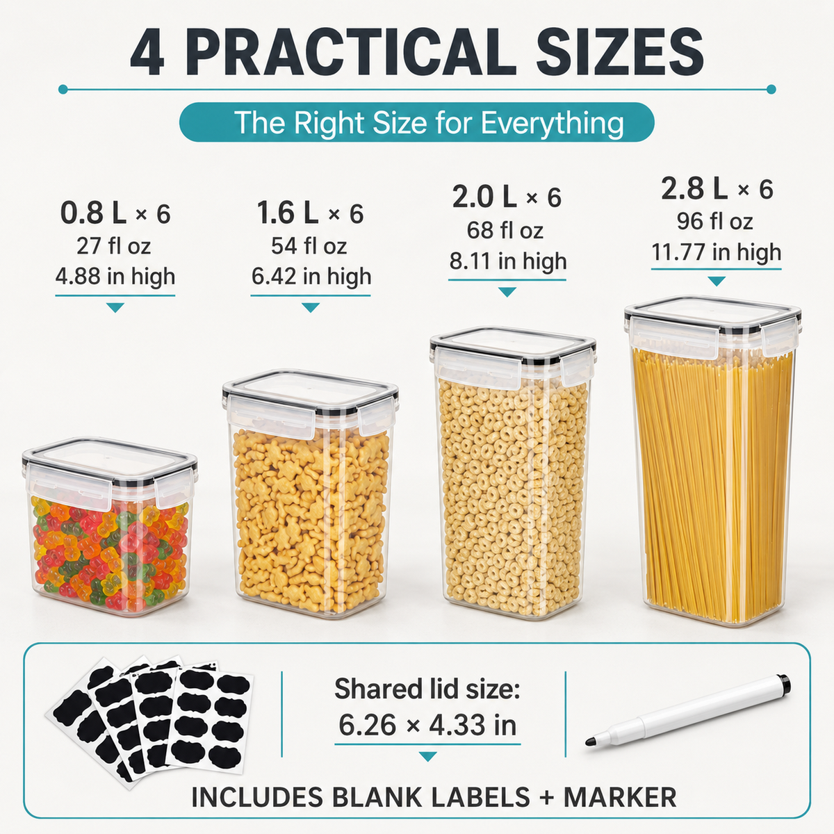24 Airtight Food Storage Container Set, 4 Sizes, Stackable BPA-Free Pantry Containers with Snap-Lock Lids and 24 Reusable Labels