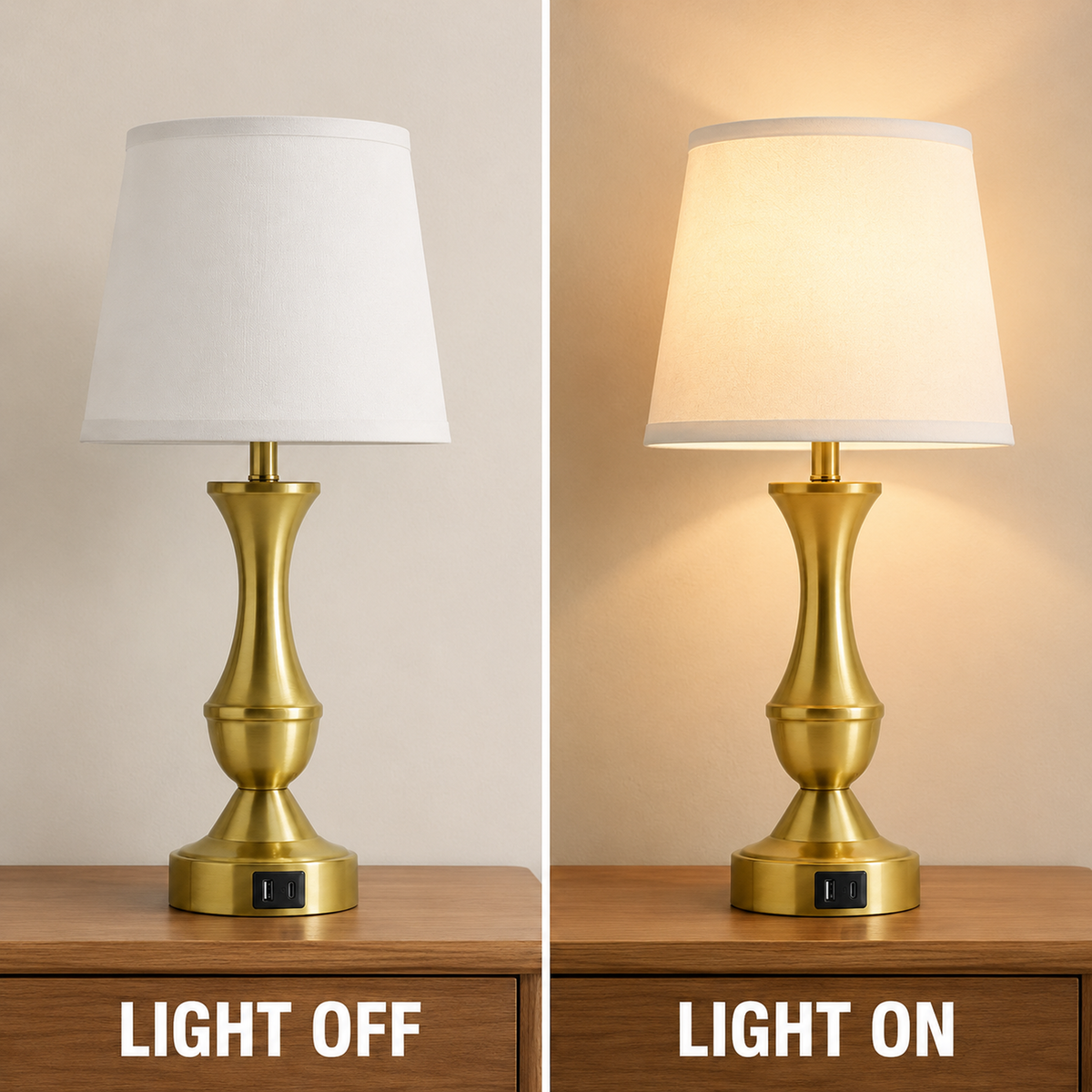 Set of 2 Gold Touch-Control Table Lamps with USB-C and USB-A Ports, White Linen Shades