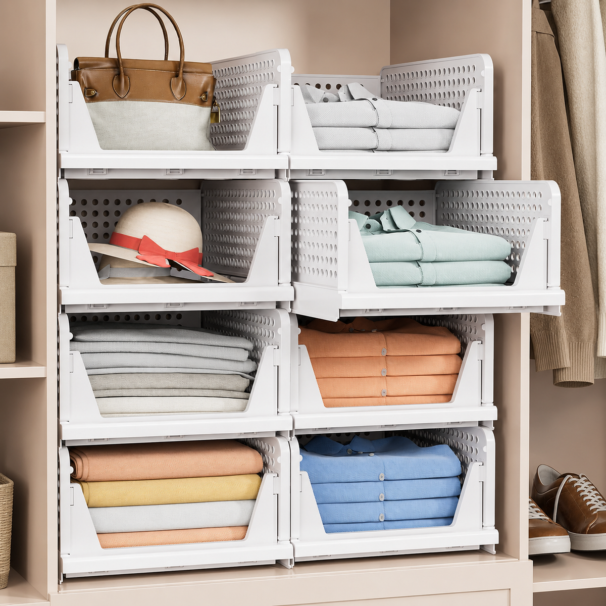 8-Pack Stackable Closet Storage Bins with Pull-Out Rails, White Foldable PP Organizers