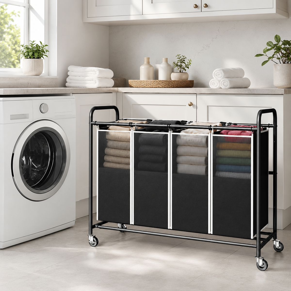 4-Bag Rolling Laundry Sorter Cart, 180L Oxford Fabric Hamper with Removable Bags, Locking Wheels, 100 lb Capacity, Black