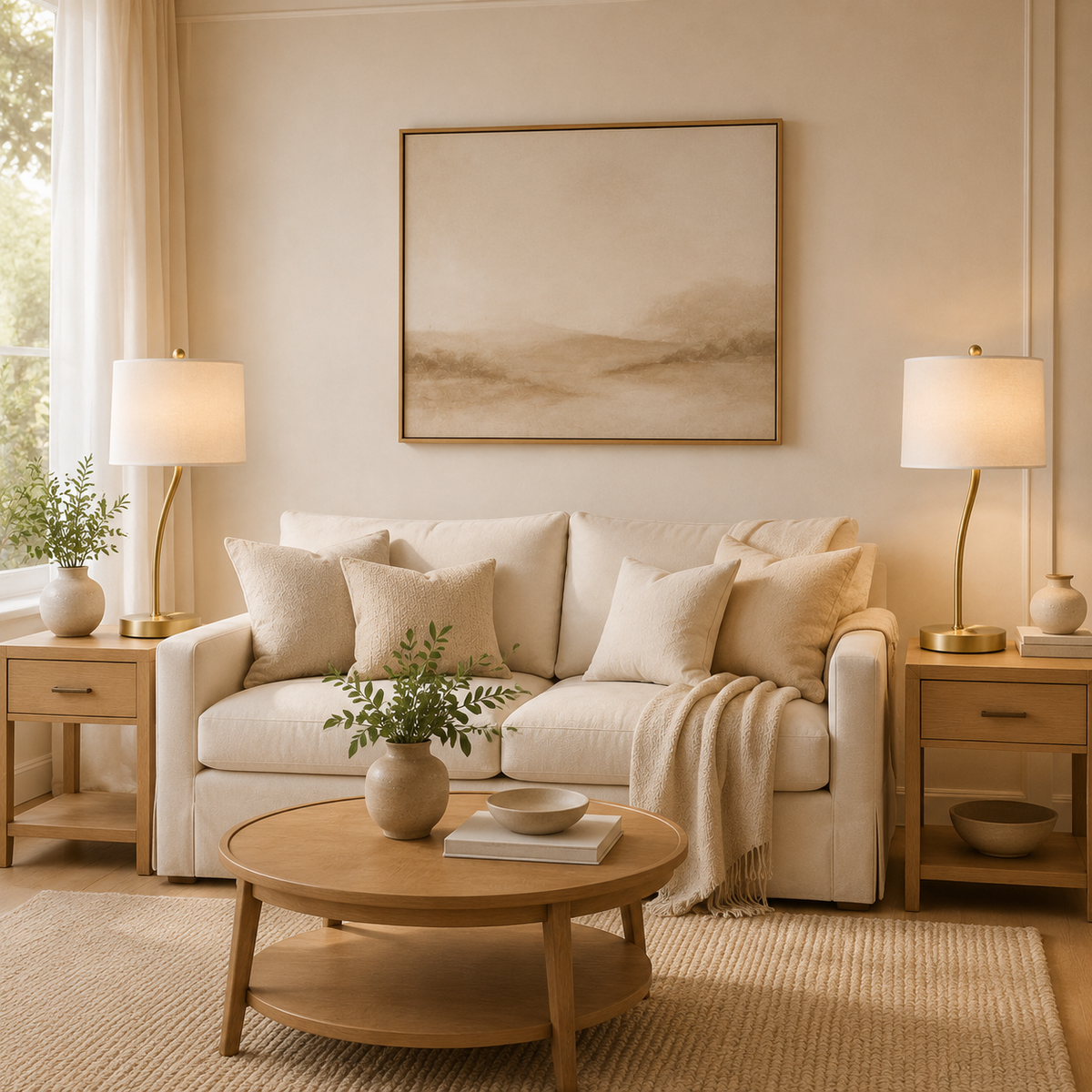 CARE HOUSEHOLD coordinated lighting in a warm neutral living room