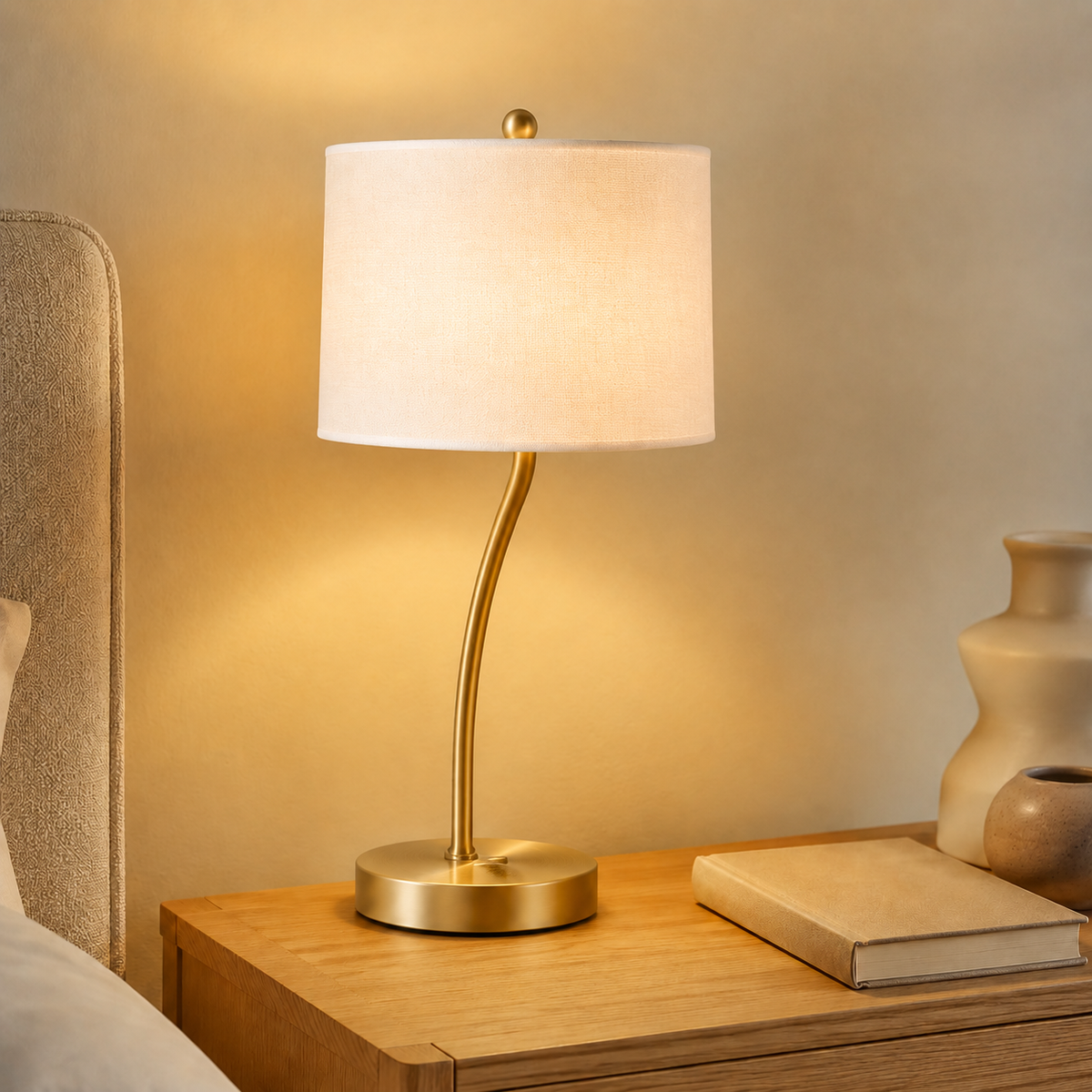 Gold touch-control table lamp in a warm bedroom