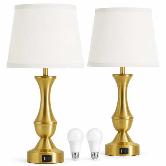 Set of 2 Gold Touch-Control Table Lamps with USB-C and USB-A Ports, White Linen Shades