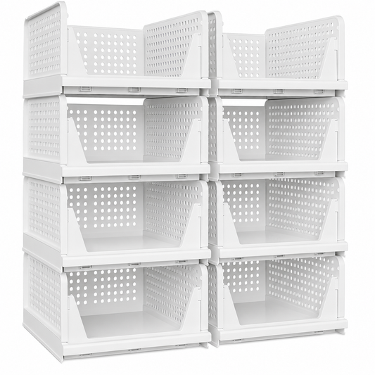 8-Pack Stackable Closet Storage Bins with Pull-Out Rails, White Foldable PP Organizers